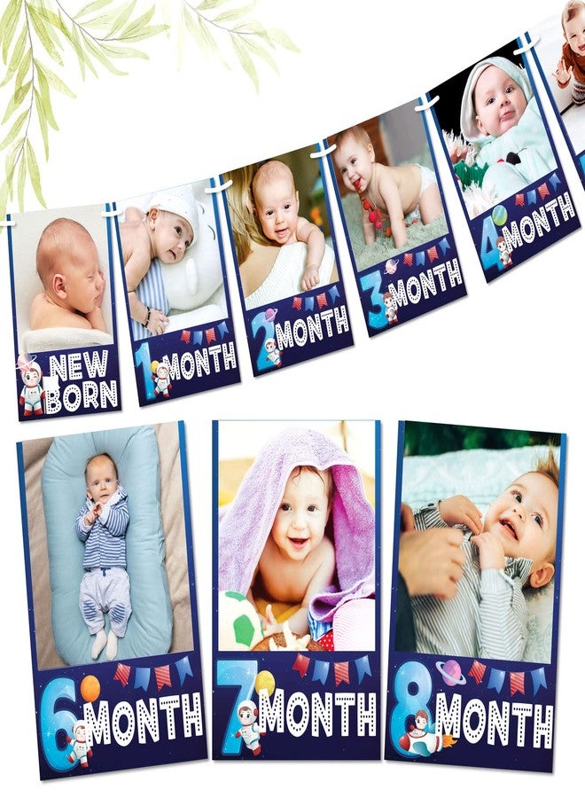 WOBBOX Photo Banners Space Blue Theme 1 to 12 Month, Photo Banner for First Birthday, Photo Banner New Born to 12 Months - Image 1